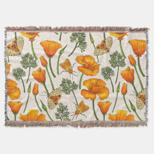 California poppies and moths on off white 2 throw blanket