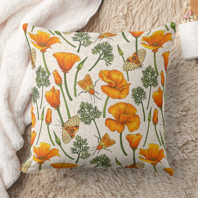 California poppies and moths on off white 2 throw pillow (Blanket)