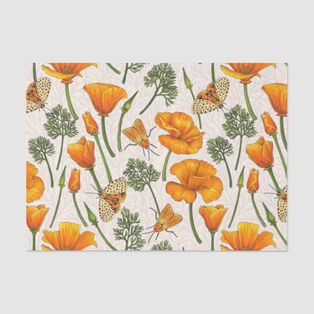 California poppies and moths on off white 2 tissue paper (Front)