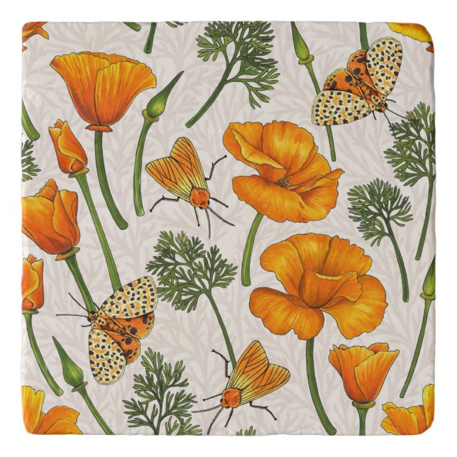 California poppies and moths on off white 2 trivet (Front)