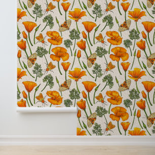 California poppies and moths on off white 2 wallpaper 