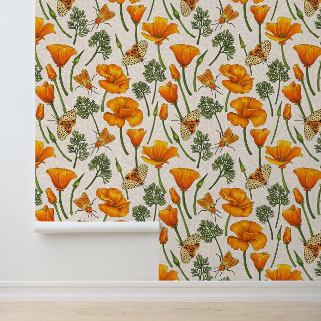 California poppies and moths on off white 2 wallpaper  (Application)