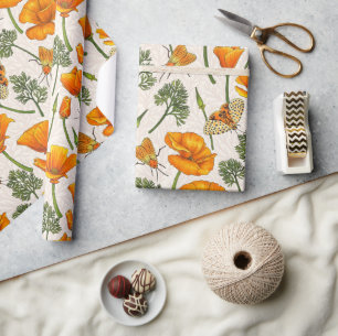 California poppies and moths on off white 2 wrapping paper