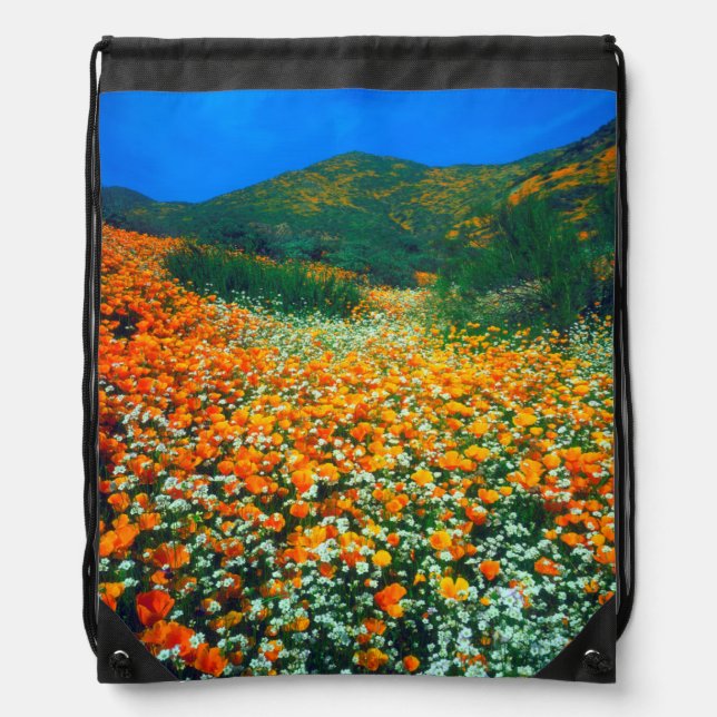 California Poppies and Popcorn wildflowers Drawstring Bag (Front)