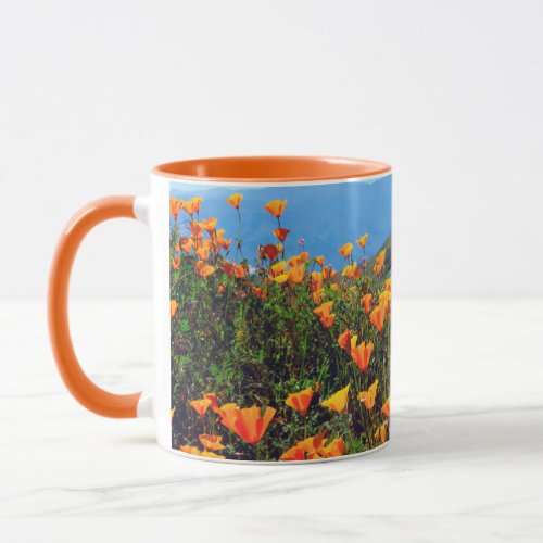 California poppies covering a hillside mug