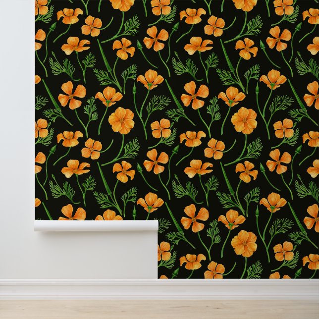California poppies, summertime flowers on black wallpaper  (Application)