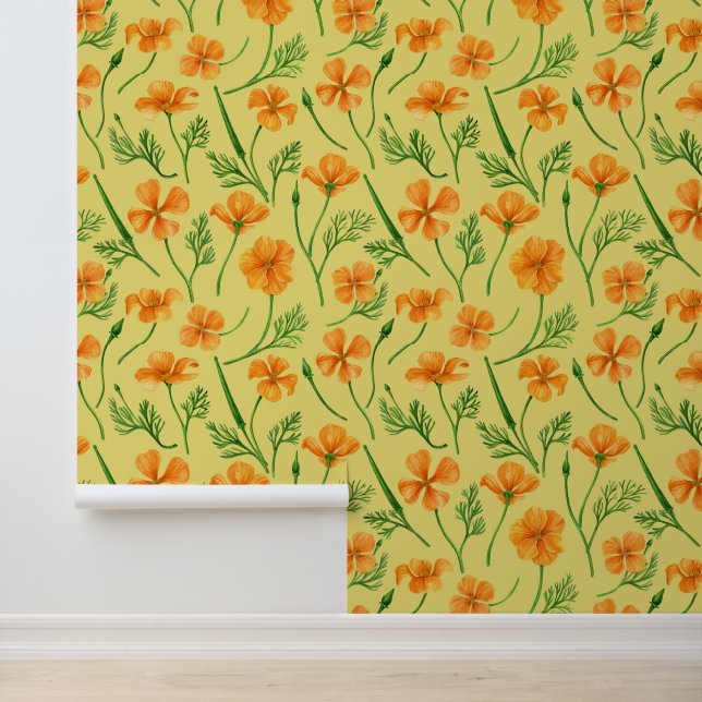 California poppies, summertime flowers on yellow wallpaper  (Application)