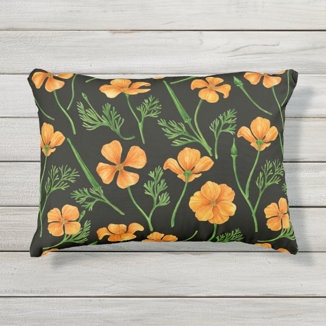 California poppies, summertime flowers, orange wil outdoor pillow (Front)