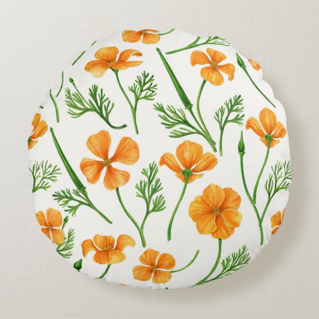 California poppies, summertime flowers, orange wil round pillow (Front)