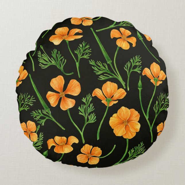 California poppies, summertime flowers, orange wil round pillow (Front)