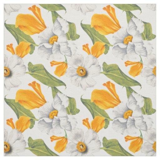 California poppies white daffodils pattern  fabric