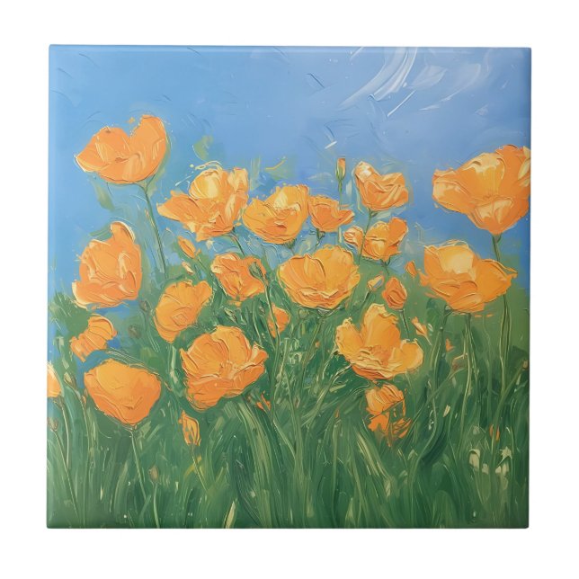 California Poppy Field Sky Impressionist Painting Ceramic Tile (Front)
