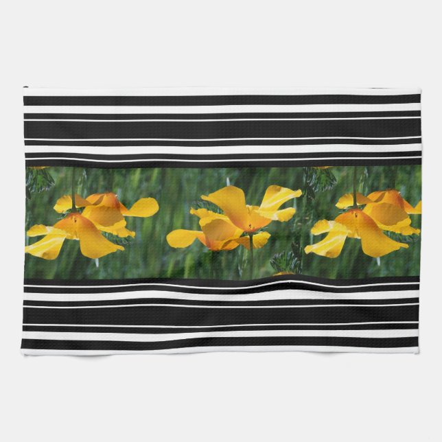 California Poppy Flowers Stripe Kitchen Hand Towel (Horizontal)