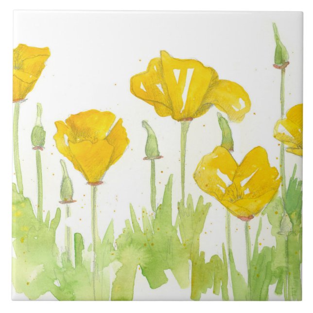 California Poppy Flowers Wildflower Botanical Ceramic Tile (Front)