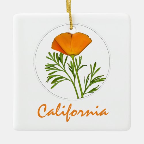 California Poppy in a Circle, "California" Text Ceramic Ornament