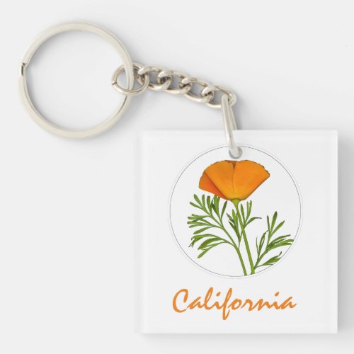 California Poppy in a Circle, "California" Text Keychain