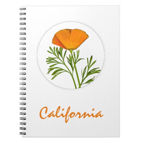 California Poppy in a Circle, "California" Text Notebook