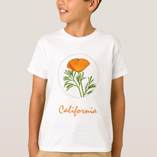 California Poppy in a Circle, "California" Text T-Shirt (Front)