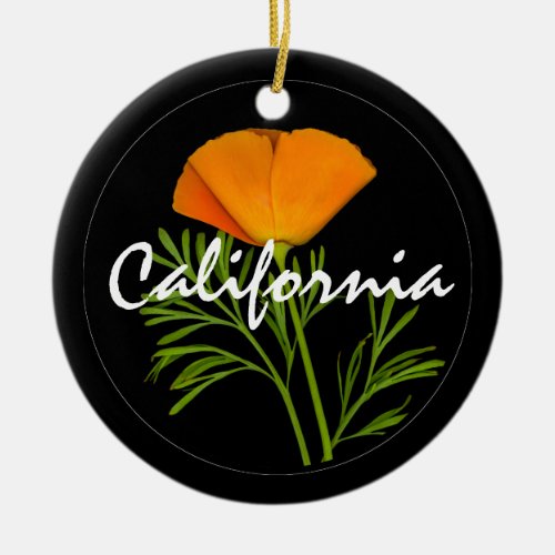 California Poppy on Black with "California" text Ceramic Ornament