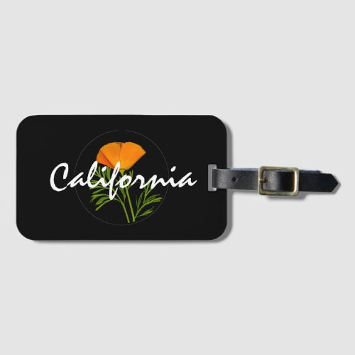 California Poppy on Black with "California" text Luggage Tag