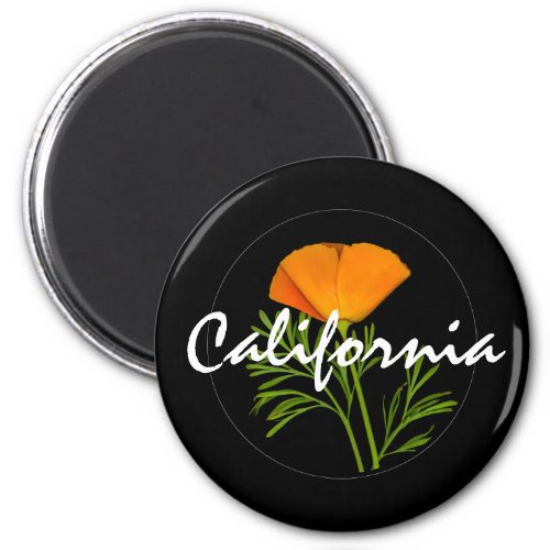 California Poppy on Black with "California" text Magnet