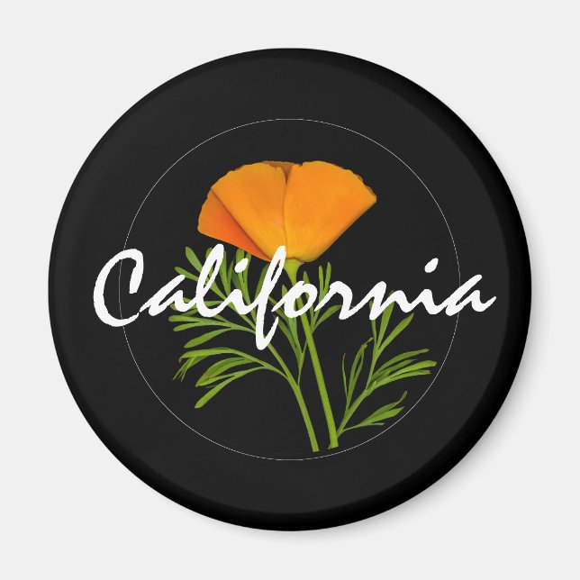 California Poppy on Black with "California" text Magnet (Front)