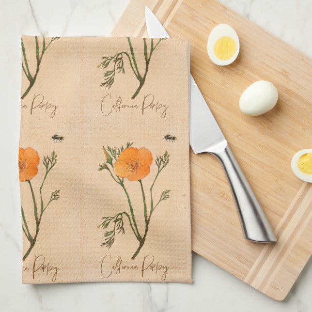 California Poppy Orange  Botanical Wildflower Kitchen Towel (Quarter Fold)