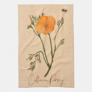 California Poppy Orange Botanical Wildflower Kitchen Towel