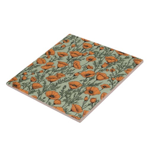 California Poppy Orange Flower pattern Ceramic Tile