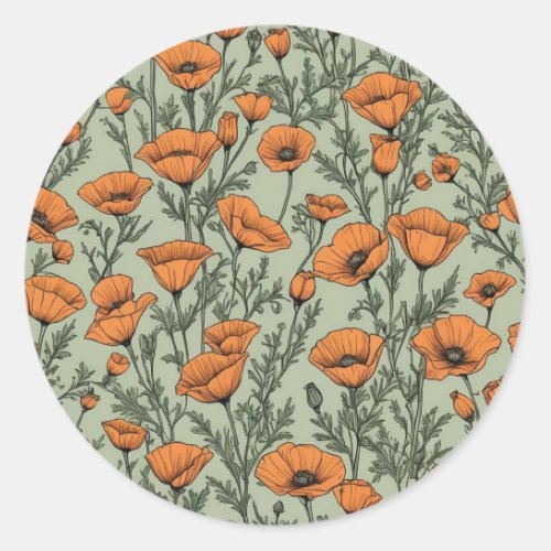 California Poppy Orange Flower pattern Classic Round Sticker