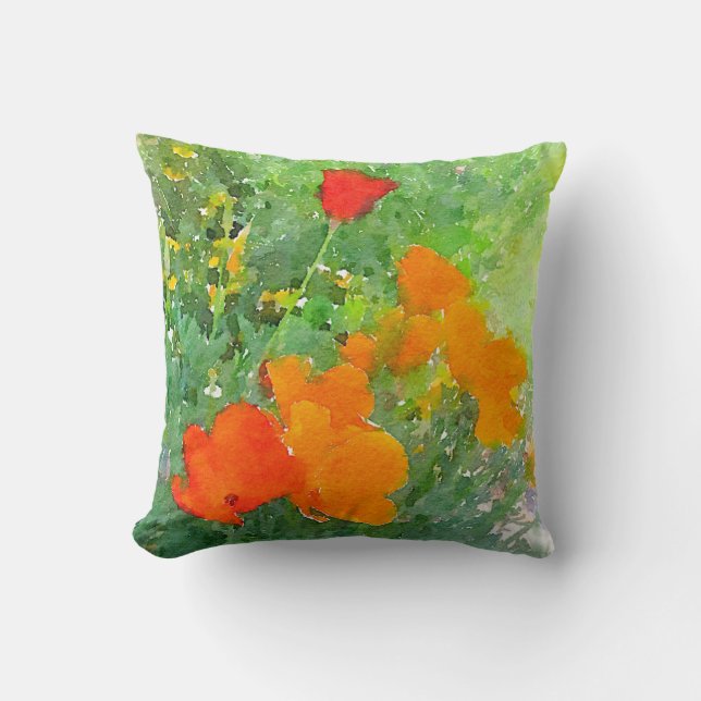 California Poppy Watercolor Pillow (Front)