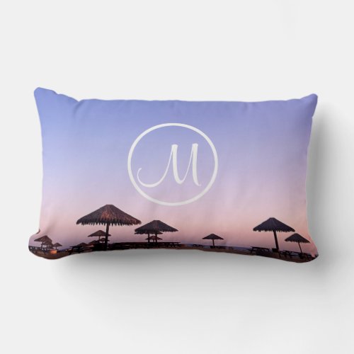 California purple sunset photo monogram script lumbar pillow