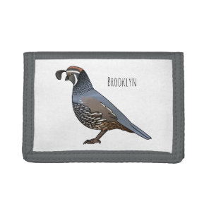 California quail bird cartoon illustration tri-fold wallet