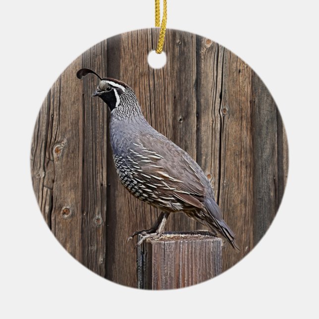 CALIFORNIA QUAIL ON BARNBOARD CERAMIC ORNAMENT (Front)