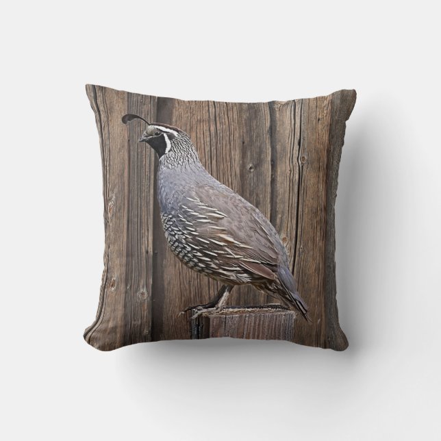 CALIFORNIA QUAIL ON BARNBOARD THROW PILLOW (Front)