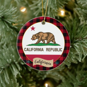California, Red buffalo plaid & California Flag Ceramic Ornament
