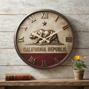 California Republic Flag Bear Red and Gold  Large Clock