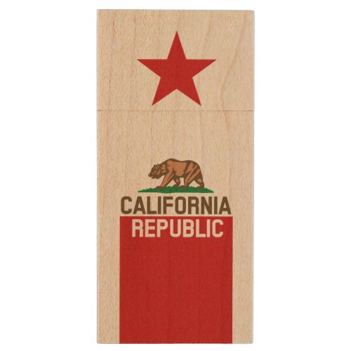 CALIFORNIA REPUBLIC State Flag Red Star Design Wood USB Flash Drive