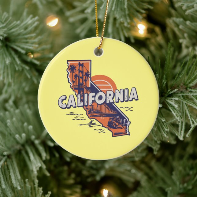 California Retro State Silhouette Customizable Ceramic Ornament (Tree)