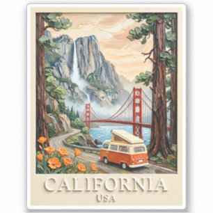 California Road Trip Vintage 3D Textured Landscape Sticker