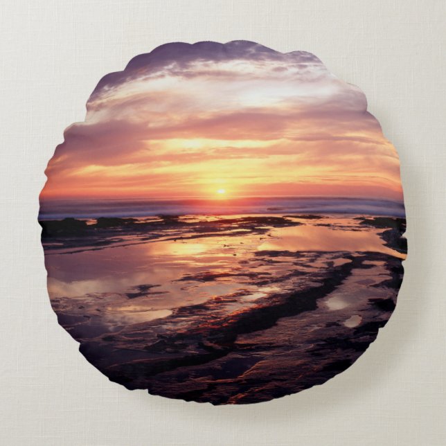 California, San Diego, Sunset Cliffs, Sunset 3 Round Pillow (Front)