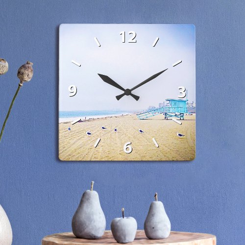 California sandy beach ocean seagull coastal photo square wall clock