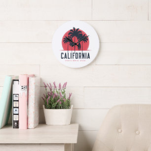 California Santa Monica Beach Retro Palm Tree Large Clock