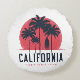 California Santa Monica Beach Retro Palm Tree Round Pillow