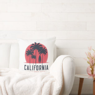 California Santa Monica Beach Retro Palm Tree Throw Pillow