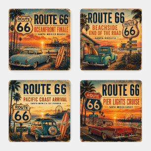 California Santa Monica Beach Retro Sunset  Coaster Set