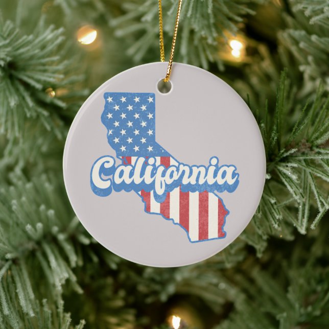 California Stars & Stripes Silhouette Customizable Ceramic Ornament (Tree)