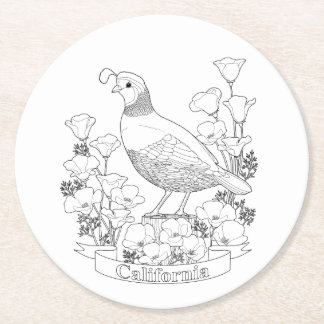 California State Bird and Flower Coloring Page Round Paper Coaster