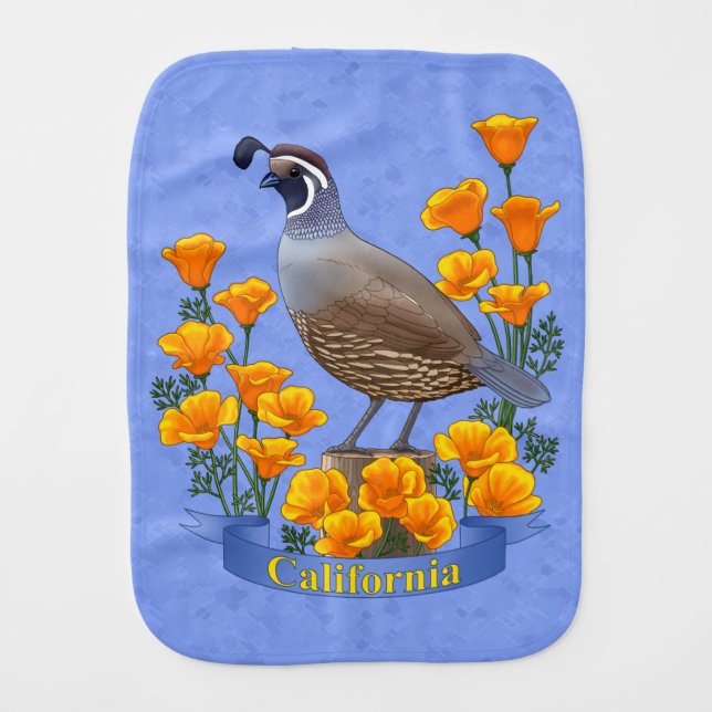 California State Bird Quail & Golden Poppy Baby Burp Cloth (Front)
