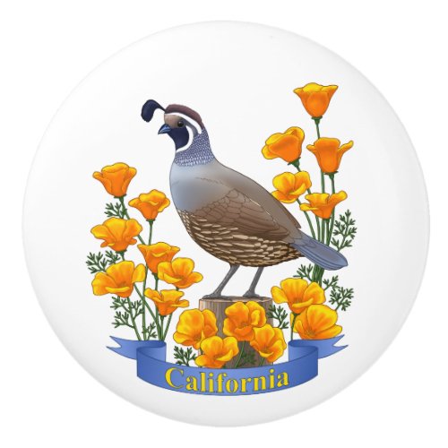 California State Bird Quail  Golden Poppy Ceramic Knob